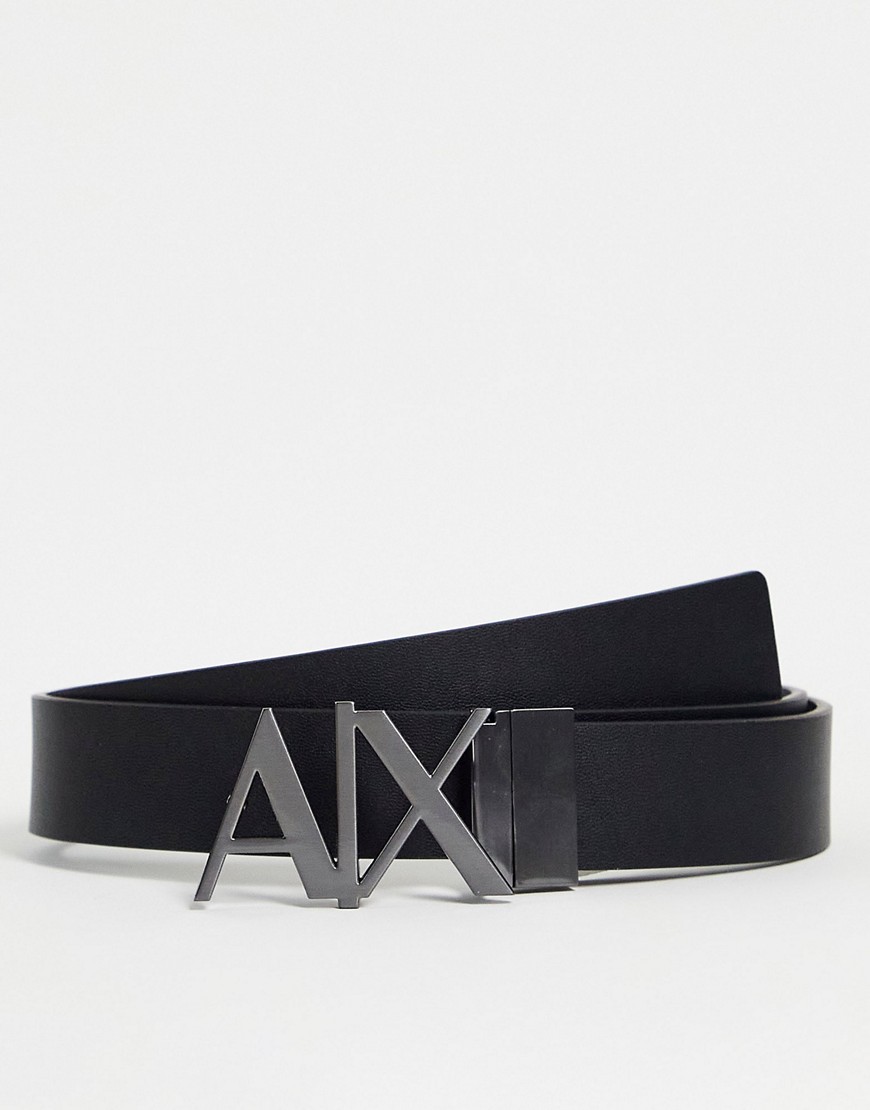 Armani Exchange logo buckle reversible leather belt in black/grey