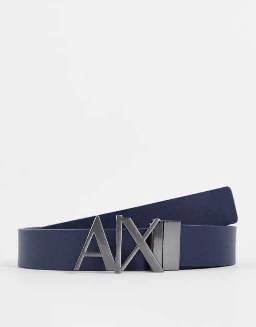 Armani Exchange logo buckle reversible leather belt in navy