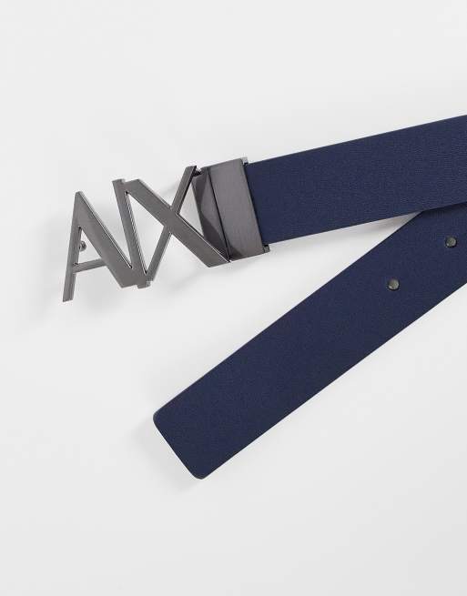 Armani Exchange logo buckle reversible leather belt in navy ASOS