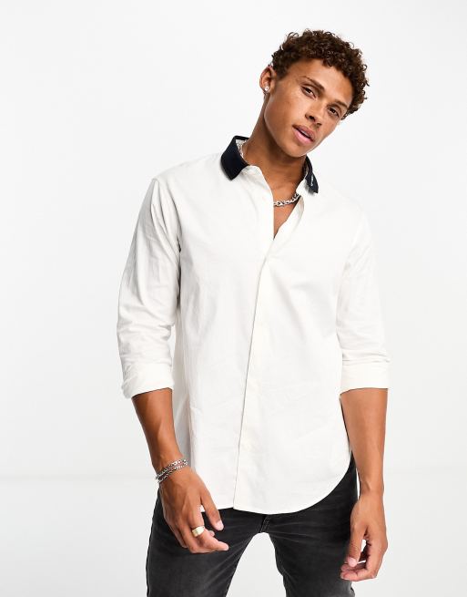 Armani Exchange logo collar long sleeve shirt in off white ASOS