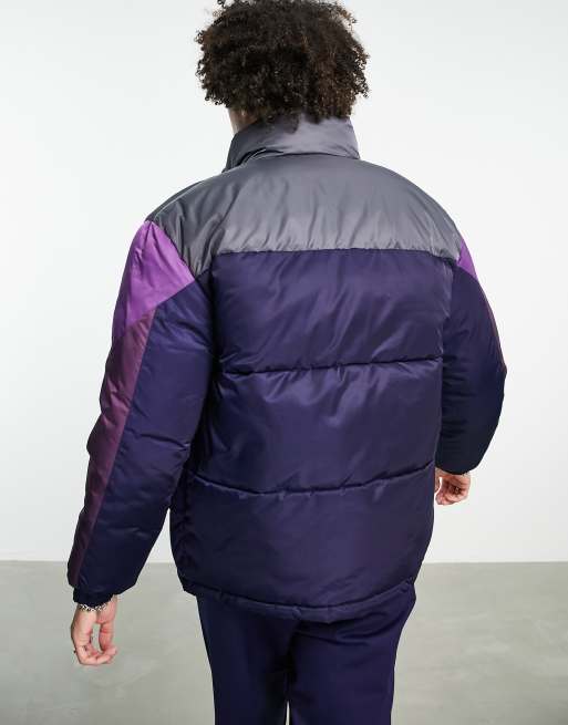 Armani Exchange logo colour block quilted puffer jacket in purple | ASOS