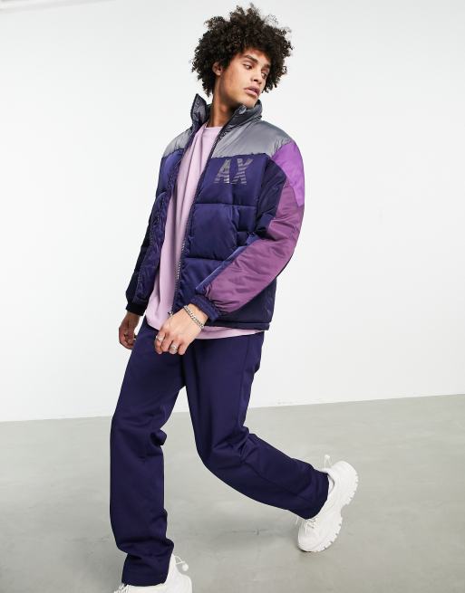 Armani Exchange logo colour block quilted puffer jacket in purple