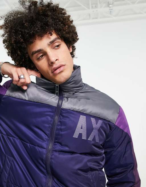 Armani Exchange logo colour block quilted puffer jacket in purple | ASOS