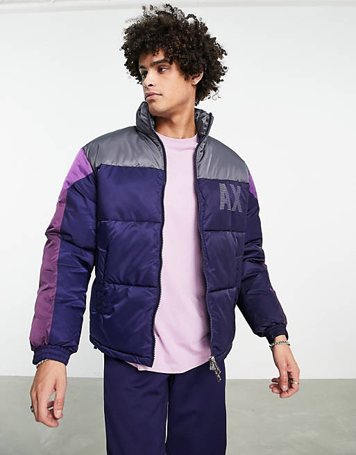 Armani Exchange logo colour blockquilted puffer jacket in purple | ASOS