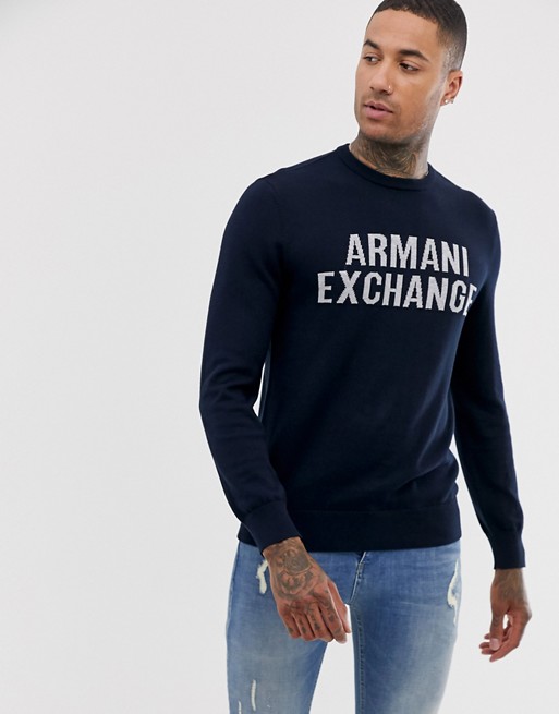 Armani Exchange logo crew neck jumper in navy