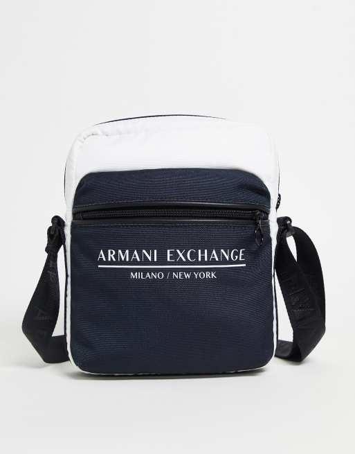 Armani Exchange logo crossbody bag in white/navy | ASOS