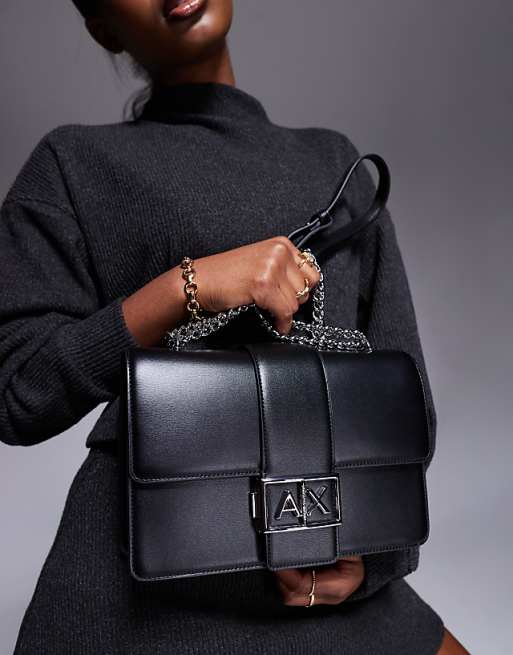 Armani Exchange logo crossbody bag with chain strap in black Armani Exchange logo crossbody bag with chain strap in black