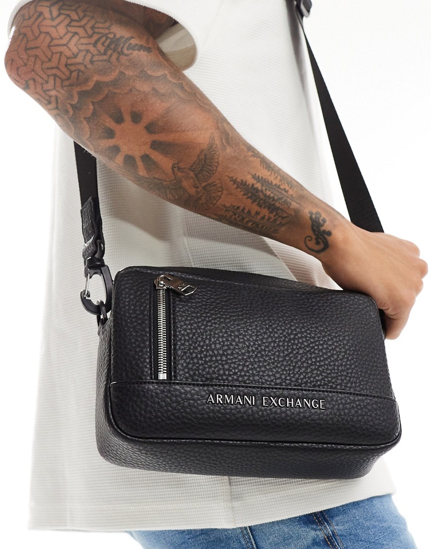 Armani Exchange logo faux pebble leather crossbody bag in black