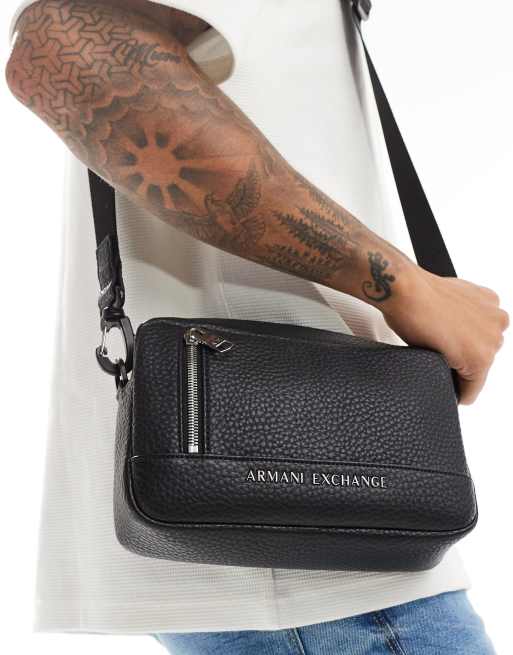 Armani Exchange logo faux pebble leather crossbody bag in black ASOS