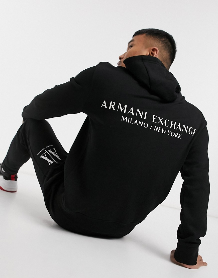 Armani Exchange logo french terry hoodie with back print in black
