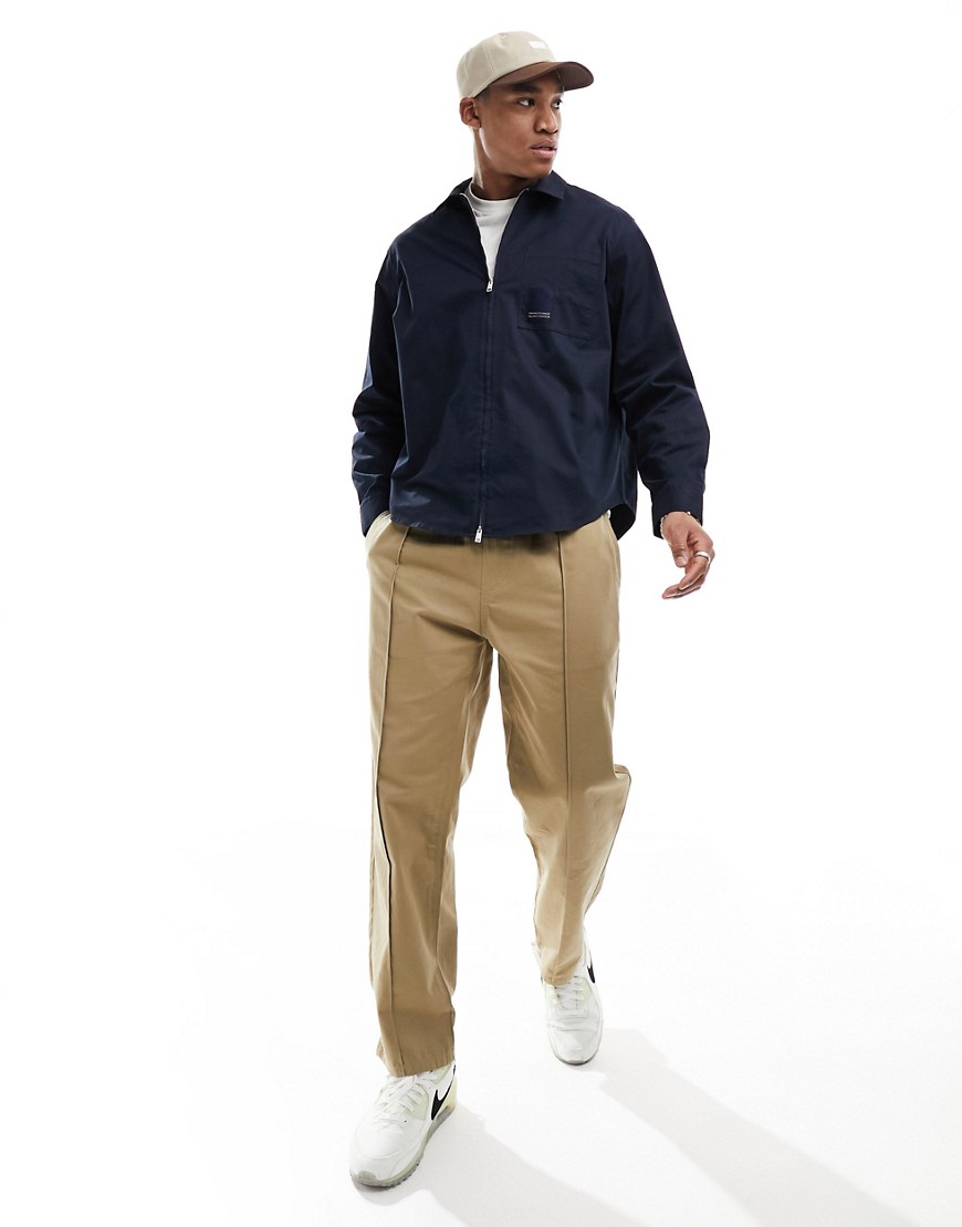 Shop Armani Exchange Logo Label Pocket Zip Front Loose Fit Overshirt In Navy