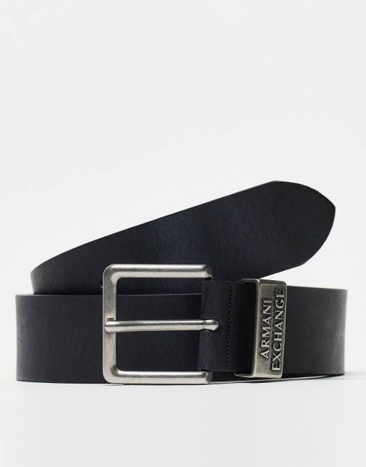 Armani Exchange logo leather belt in black