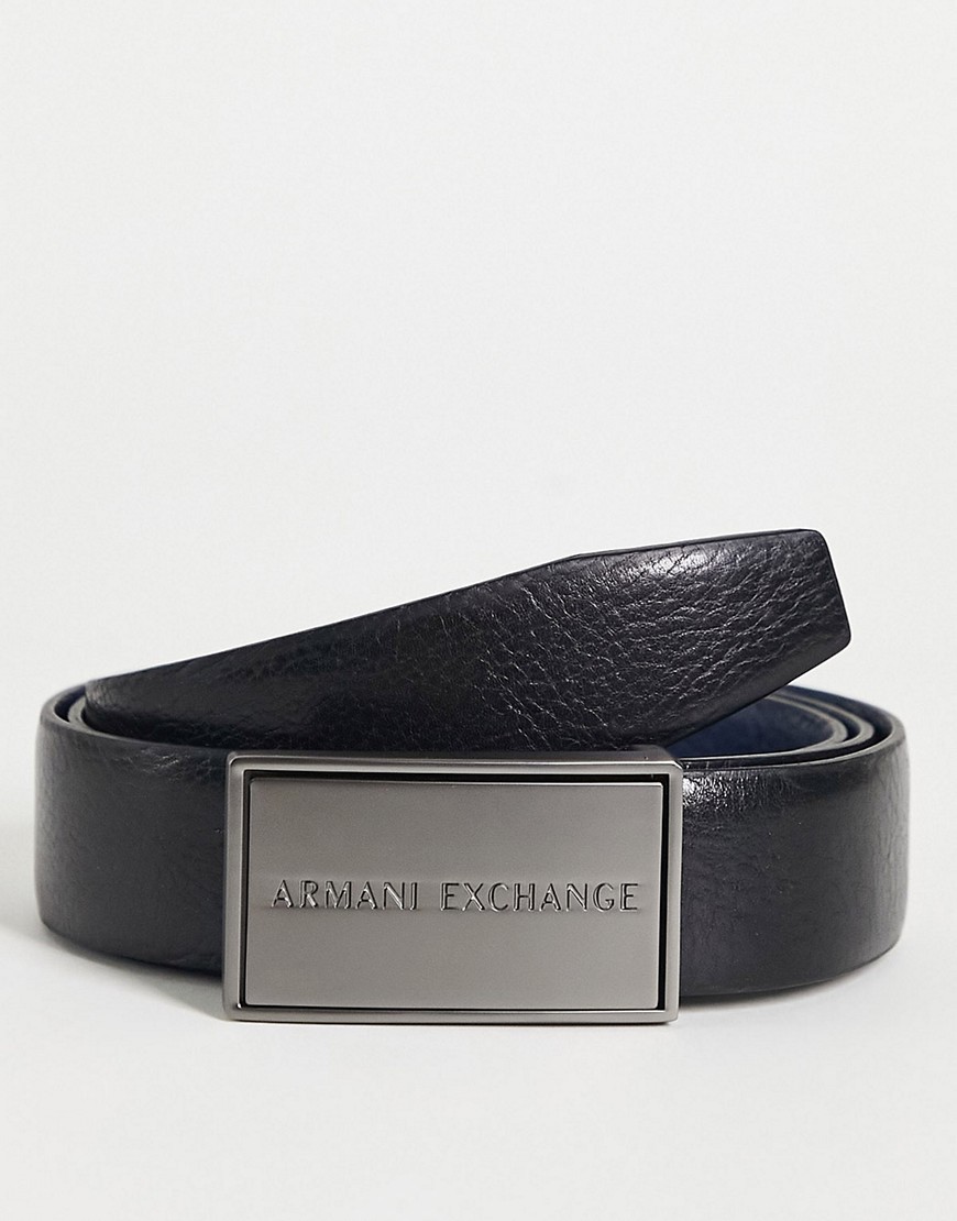 Armani Exchange logo plaque buckle belt in black