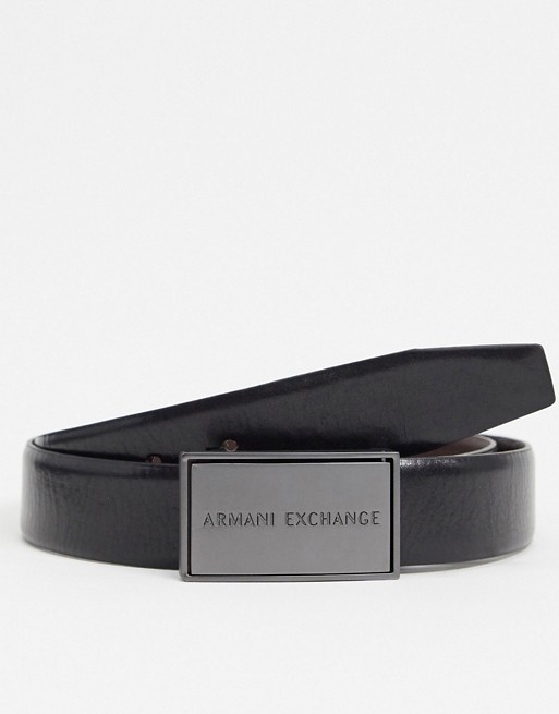 Armani Exchange logo plaque buckle reversible belt in black/brown