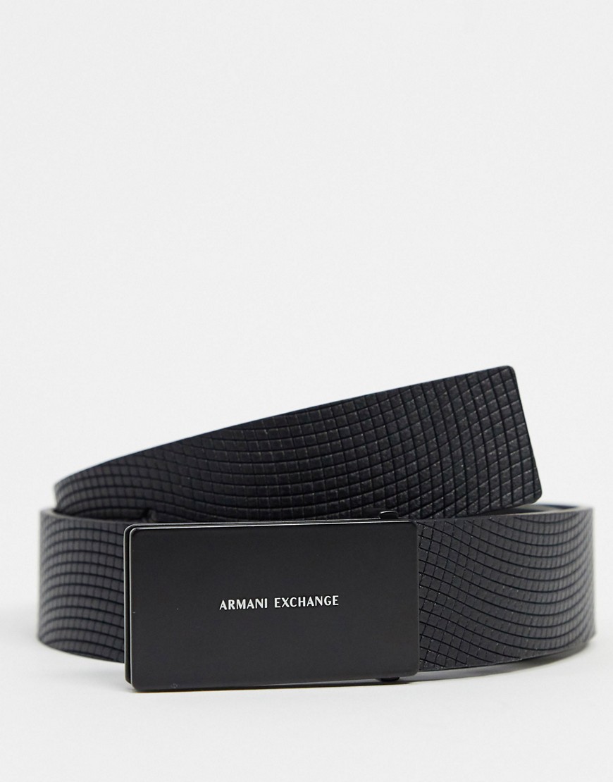 Armani Exchange logo plaque grain leather belt in black