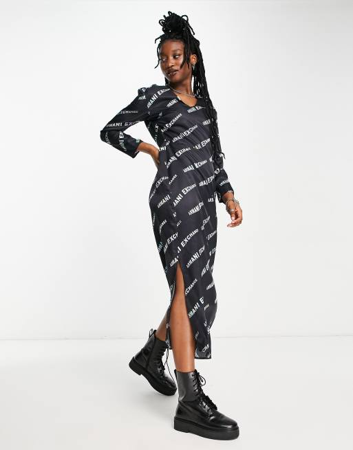 Armani Exchange logo print a line midi dress in black ASOS