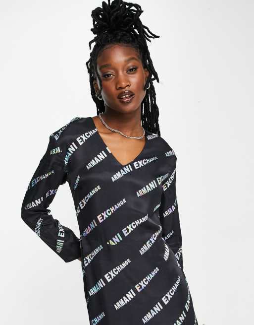 Armani Exchange logo print a line midi dress in black ASOS