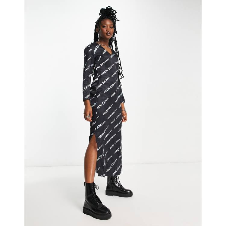 Armani Exchange logo print aline midi dress in black ASOS