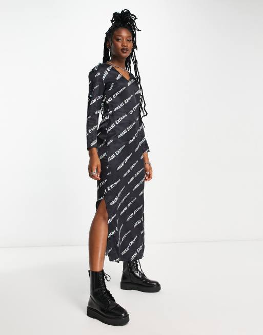 Armani Exchange logo print aline midi dress in black