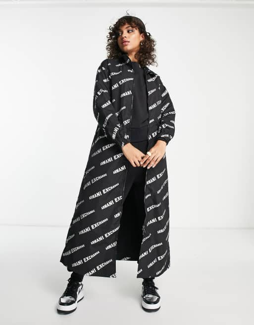 Armani Exchange logo print trench coat in black ASOS