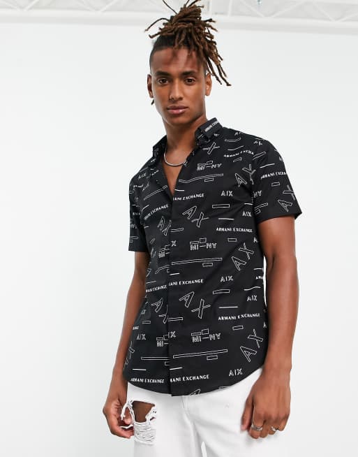 Armani Exchange logo short sleeve slim fit shirt in black | ASOS