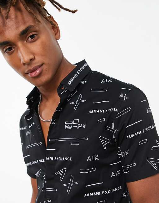 Armani Exchange logo short sleeve slim fit shirt in black | ASOS