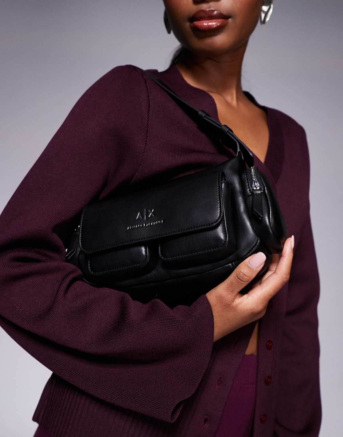 Armani Exchange logo shoulder bag with pocket details in black