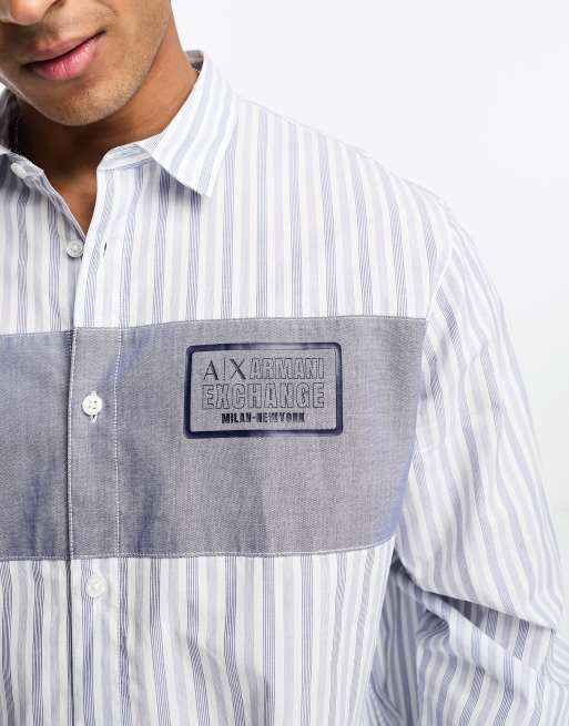 Armani Exchange logo striped long sleeve shirt in white and blue