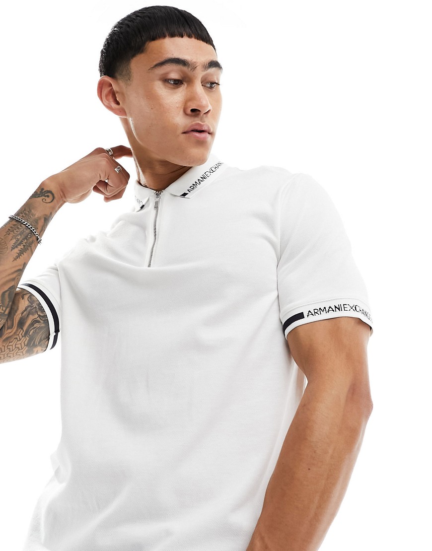 Armani Exchange logo tipped collar and cuff zip neck pique polo in off white