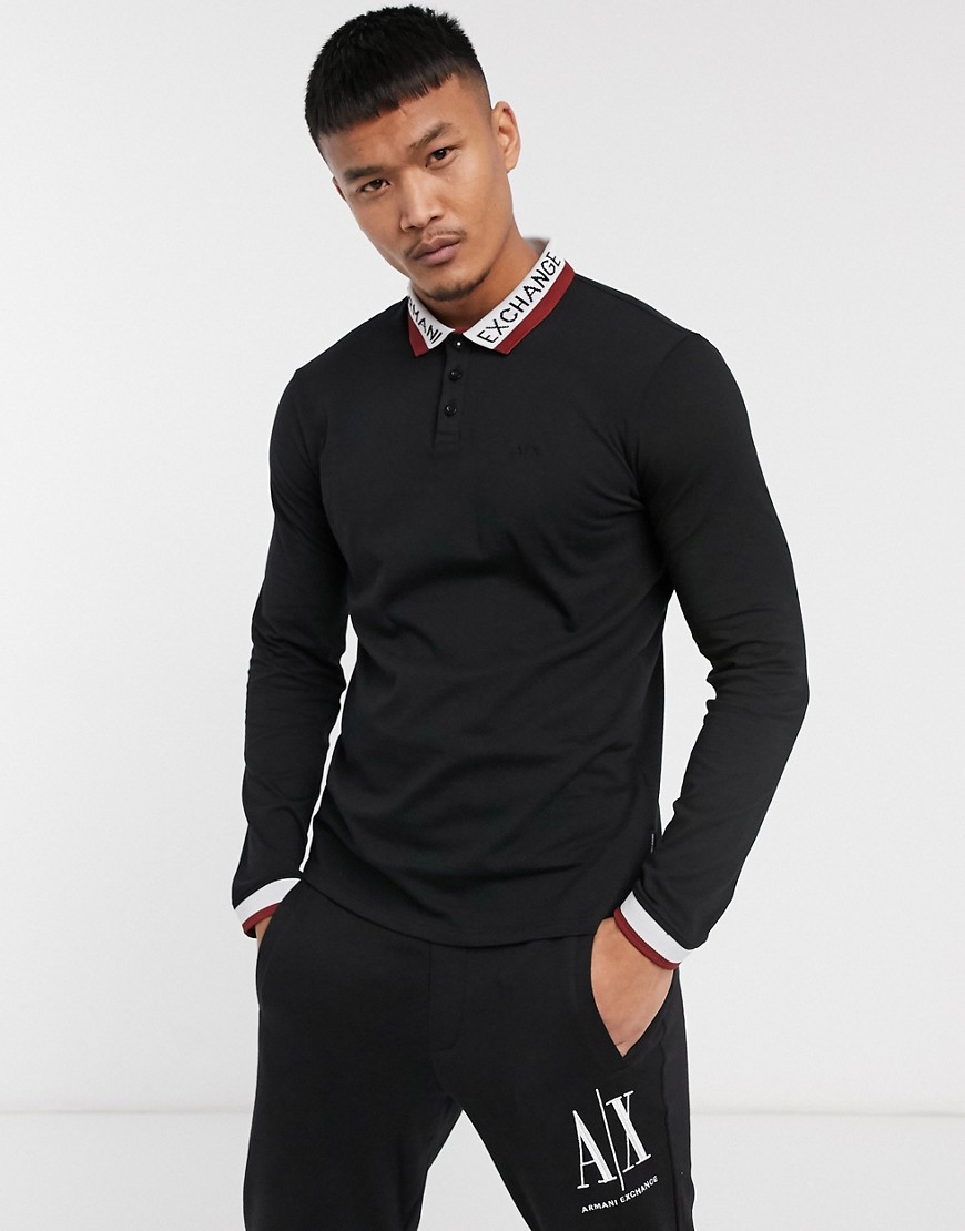 Armani Exchange long sleeve polo with logo collar in black