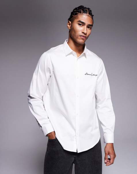 Armani Exchange long sleeve script logo shirt in white - view 1