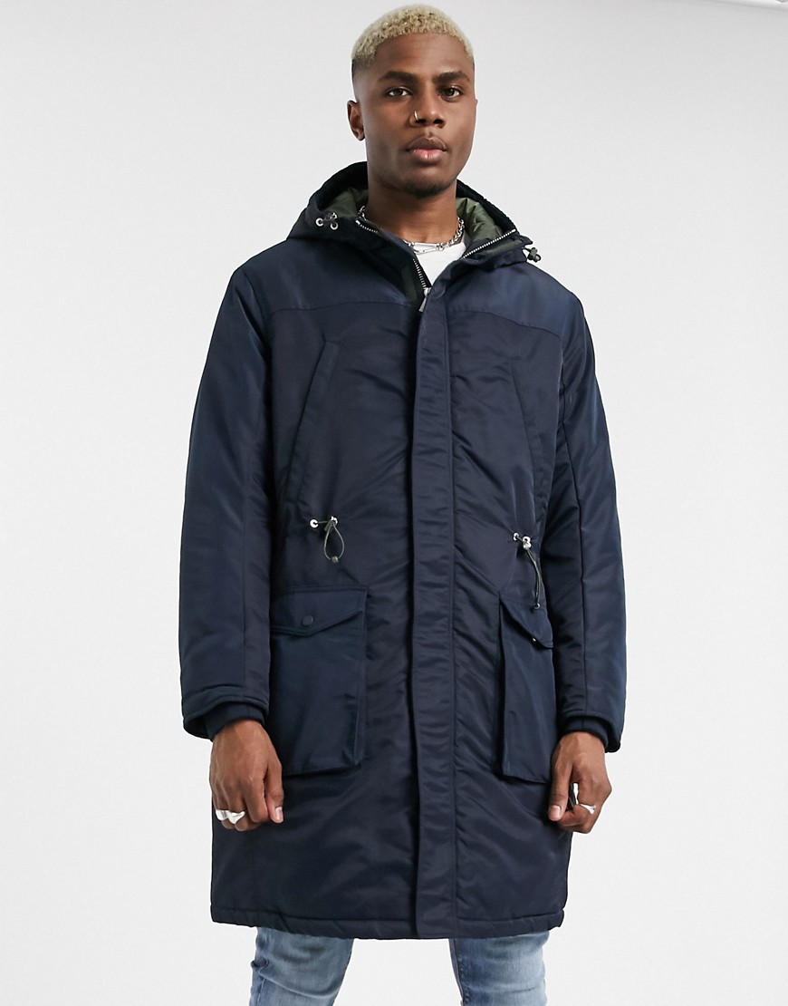 Armani Exchange longline padded parka with back taping in navy