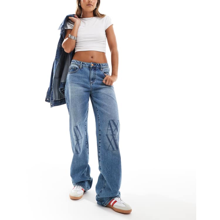 Armani Exchange loose fit jeans with logo knee detailing in blue