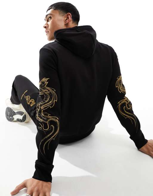 Armani Exchange – Lunar Capsule – Czarna bluza z kapturem i złotym haftowanym logo, 3 z 4