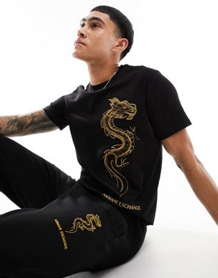 Armani Exchange lunar capsule gold embroid dragon logo t-shirt in black - ASOS Price Checker