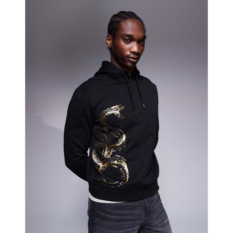 【EMPORIO ARMANI】 Men's Big Leaf Print Hoodie: ★ Black EMPORIO ARMANI Big Leaf Print Hoodie Size: XXL Black Men