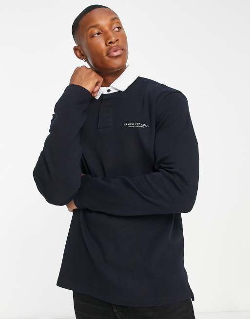 Armani Exchange – Marinblå långärmad pikétröja med kontrastfärgad krage