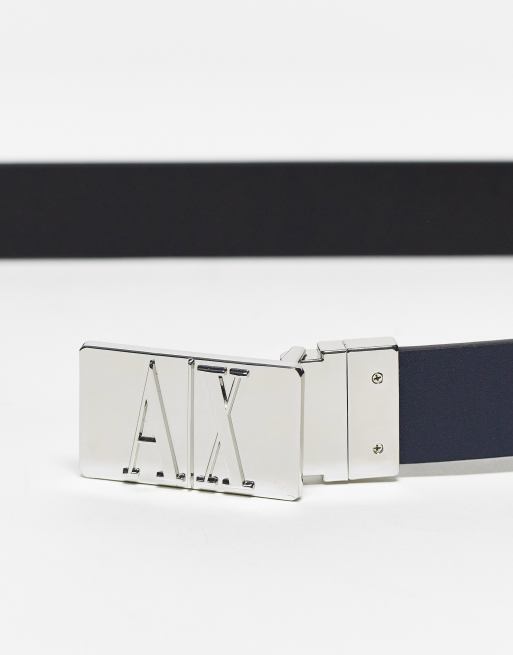 Armani Exchange metal plaque leather reversible belt in black/navy | ASOS