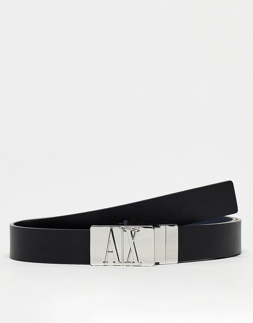 armani exchange metal plaque leather reversible belt in black/navy