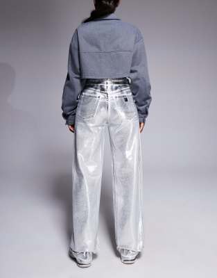 Armani Exchange Metallic Coated Straight Leg Jeans In Silver