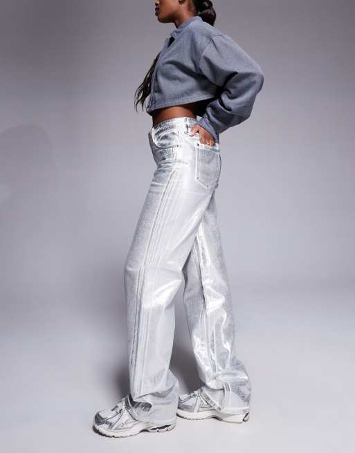 Armani Exchange metallic coated straight leg jeans in silver