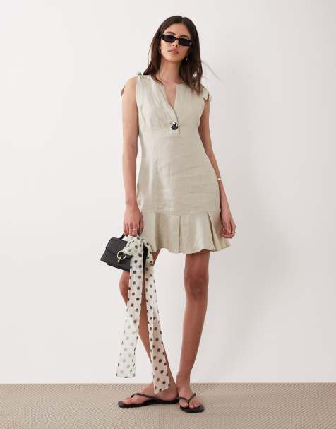 Armani Exchange mini linen shoulder tie dress in stone