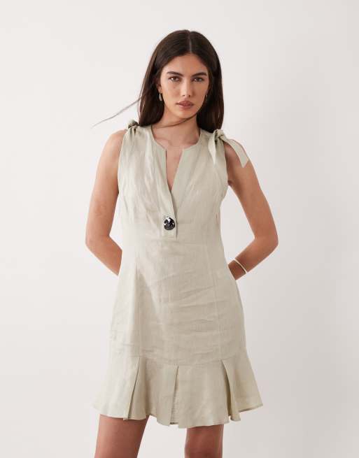 Armani Exchange mini linen shoulder tie dress in stone, 2 of 4
