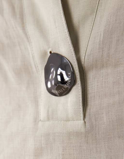 Armani Exchange mini linen shoulder tie dress in stone, 3 of 4