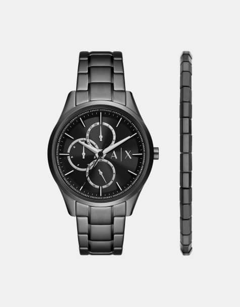 Armani Exchange Multifunction black stainless steel watch and bracelet set in black - view 1