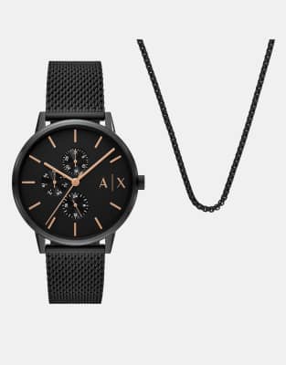 asos Armani Exchange Multifunction black stainless steel watch and necklace set in black