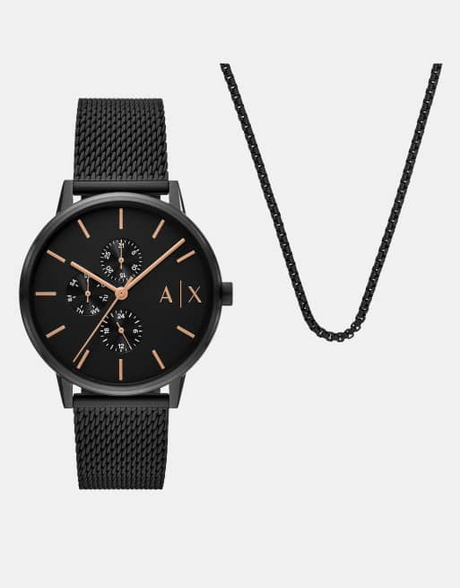Armani Exchange – Multifunction – Set aus Edelstahl in Schwarz aus Uhr und Halskette