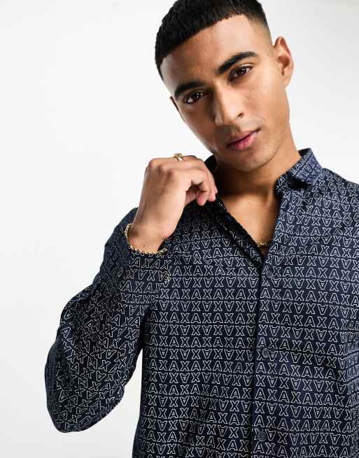 Armani Exchange - Overhemd met lange mouwen en logoprint in marineblauw