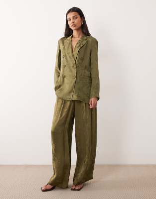 Exchange - Pantalon large d'ensemble en jacquard fleuri - Kaki-Vert 42