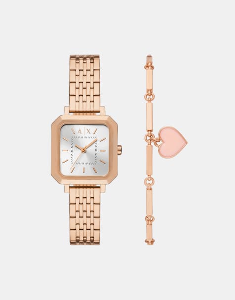 Armani Exchange - Parure montre à trois aiguilles et bracelet en acier inoxydable - Or rose - view 1